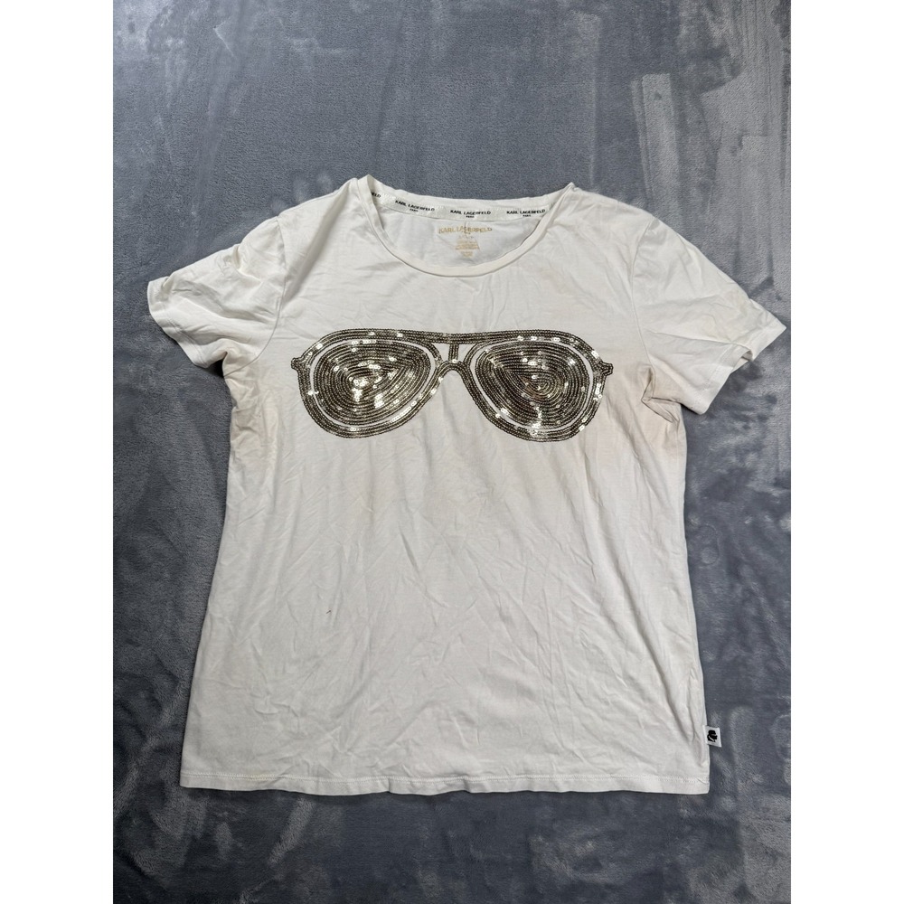 Karl Lagerfeld Paris T Shirt Womens Small White Sunglasses Motif Embellished